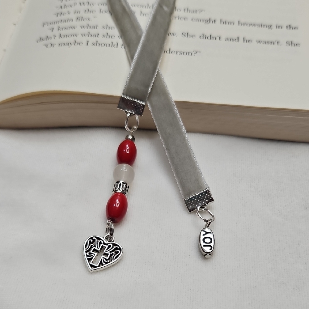 Handmade Gray Velvet Ribbon Red Silver Beaded Bookmark Cross Charm Hand Crafted